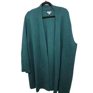 J.Jill Womens Open Front Teal Cardigan Sweater 2X Cotton Blend Ribbed Knit Long
